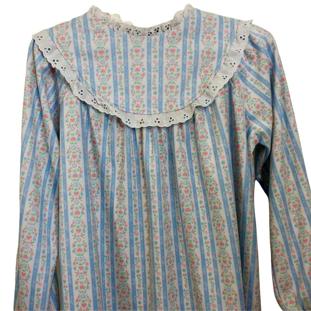 Lanz Of Salzburg Nightgown Girls M 7/8 Blue Floral Stripe Flannel - Picture 2 of 9